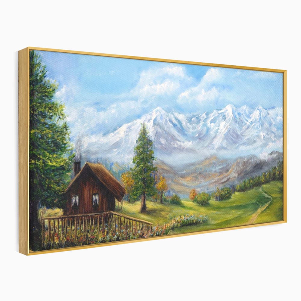 Tablou canvas cu tablou canvas cu peisaj montan si cabana, in rama de aluminiu auriu